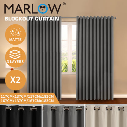 Marlow 2PC Thermal Blackout Blockout Curtains Eyelet Ring Top Thick Sun Block