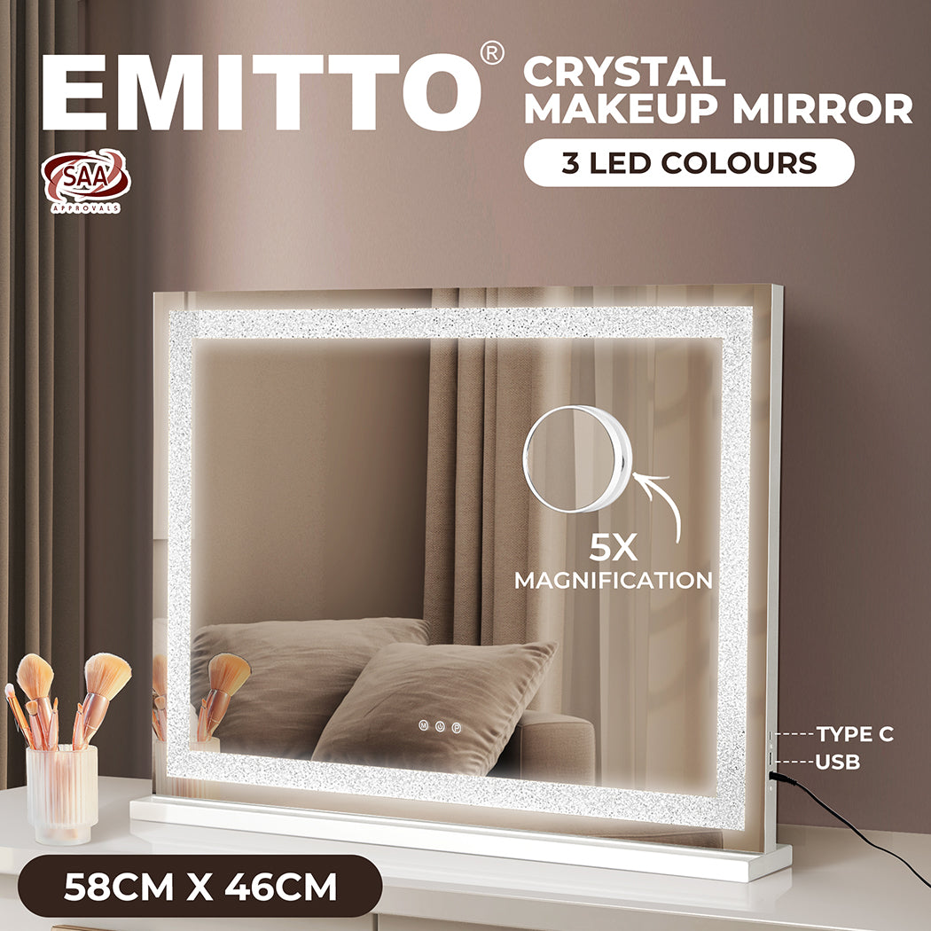 Emitto Tabletop Touch Crystal Vanity Mirror Makeup USB LED Medium 58x48cm
