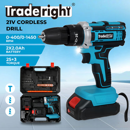 Traderight 2 Battery 21V Cordless Drill Combi Driver Electric Screwdriver Set