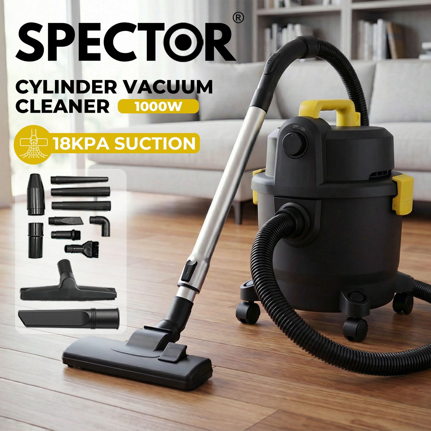 Spector Wet and Dry Cylinder Vacuum Cleaner Powerful Suction HEPA 1000W 15L