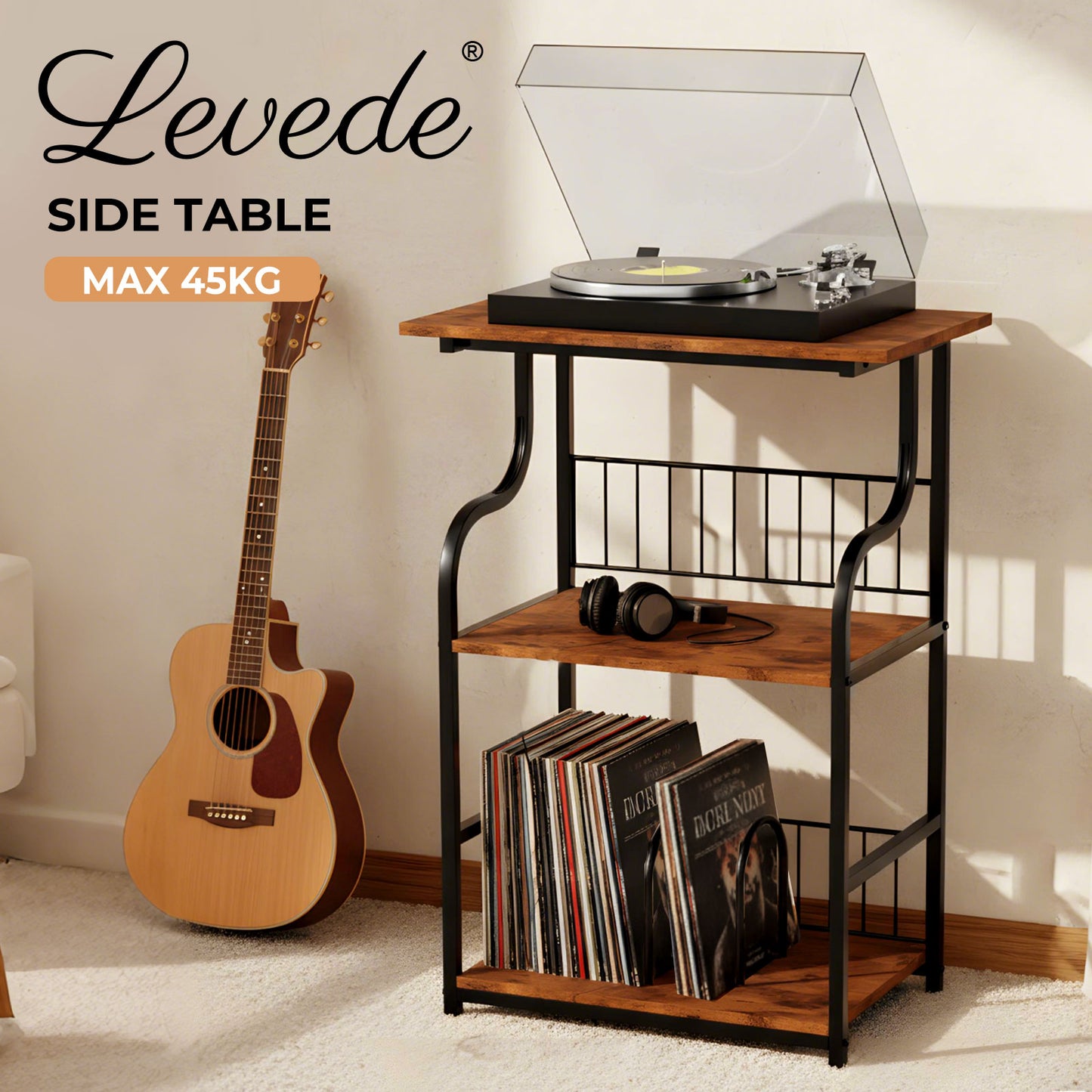 Levede 3 Tier Record Player Stand Turntable Vinyl End Side Table 2 Storage Shelf