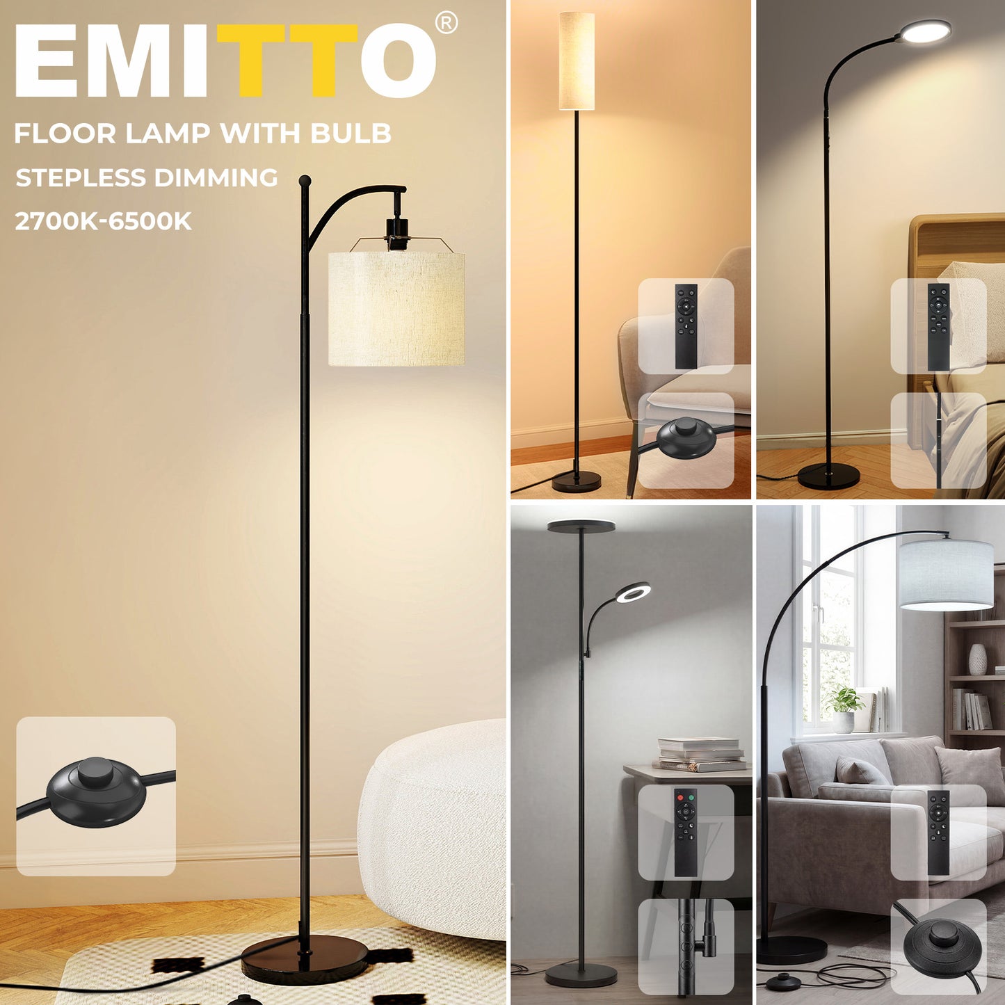 Emitto LED Floor Lamp Morden Dimmable Adjustable Reading Light Remote with Bulb