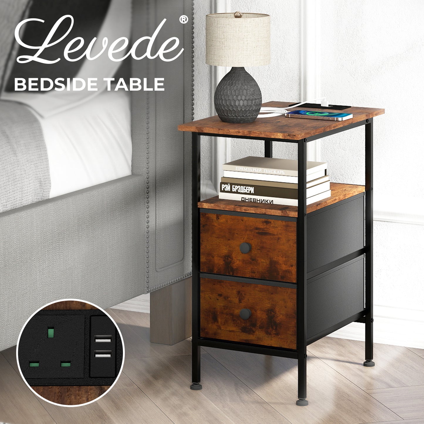 Levede Bedside Table Side Cabinet Storage Nightstand Charging Station 2 Drawers