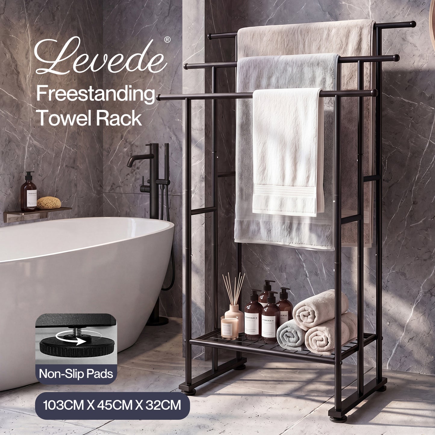 Levede Towel Rail Metal Rack With Basket 3-Tier Storage Anti-Slip Foot Black