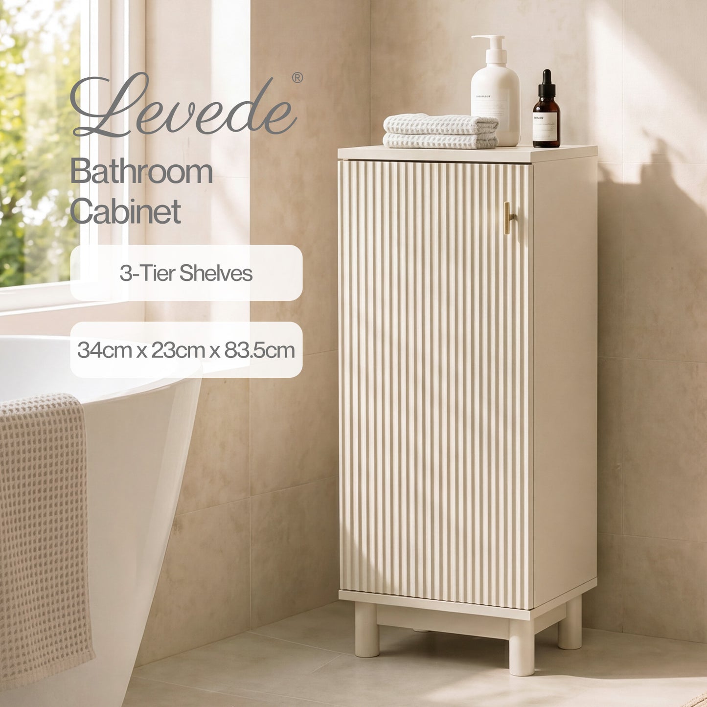 Levede Slim Bathroom Cabinet Tall Fluted Storage Cupboard Adjustable Shelf Cream