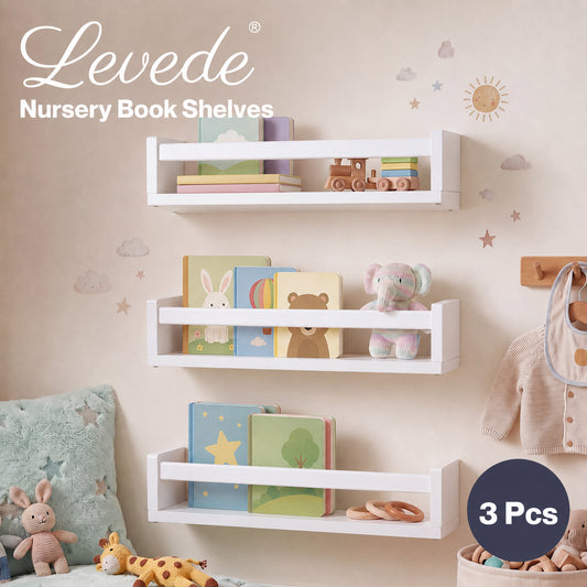 Levede Nursery Book Shelves Kids Wall Floating Shelf White Solid Wood 3 Pack