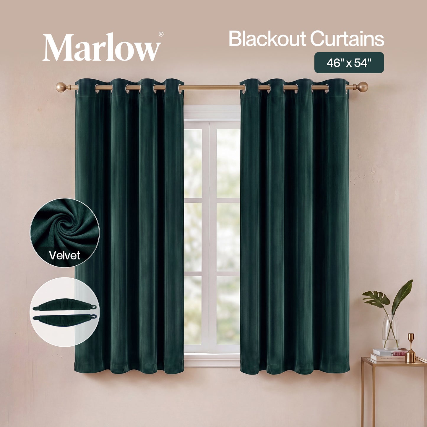 Marlow Thick Thermal Blackout Curtains Velvet 46x54 Inch Eyelet Ring Top Green