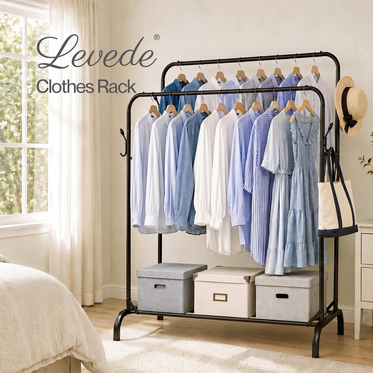 Levede Clothes Rail Heavy Duty 2 Rods Carbon Steel Rack with Shelf Bedroom Black