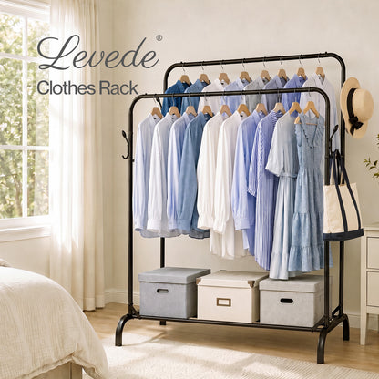 Levede Clothes Rail Heavy Duty 2 Rods Carbon Steel Rack with Shelf Bedroom Black