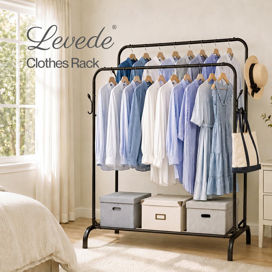 Levede Clothes Rail Heavy Duty 2 Rods Carbon Steel Rack with Shelf Bedroom Black