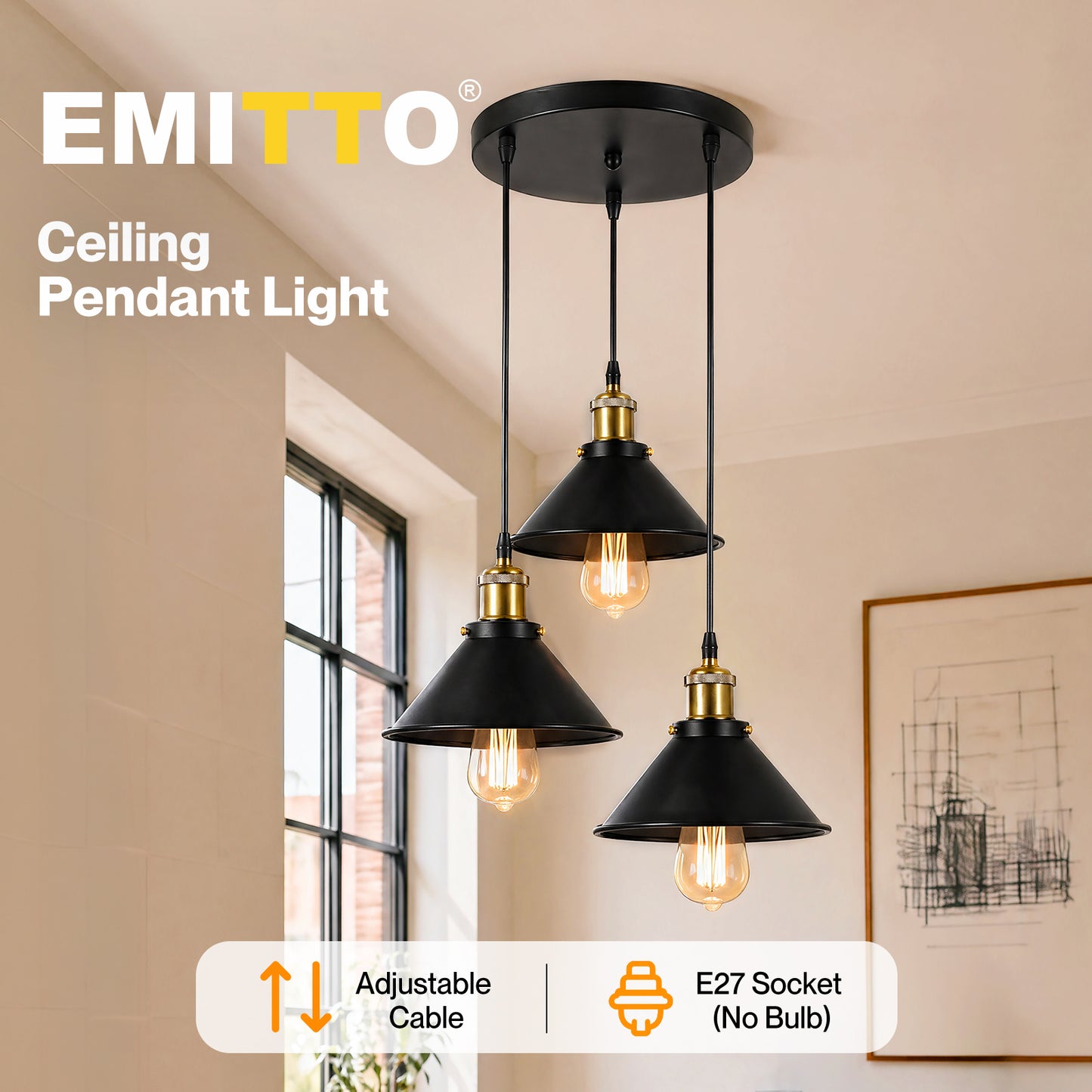 Emitto Pendant Light 3 Lights Height Adjustable Vintage Ceiling Light Black