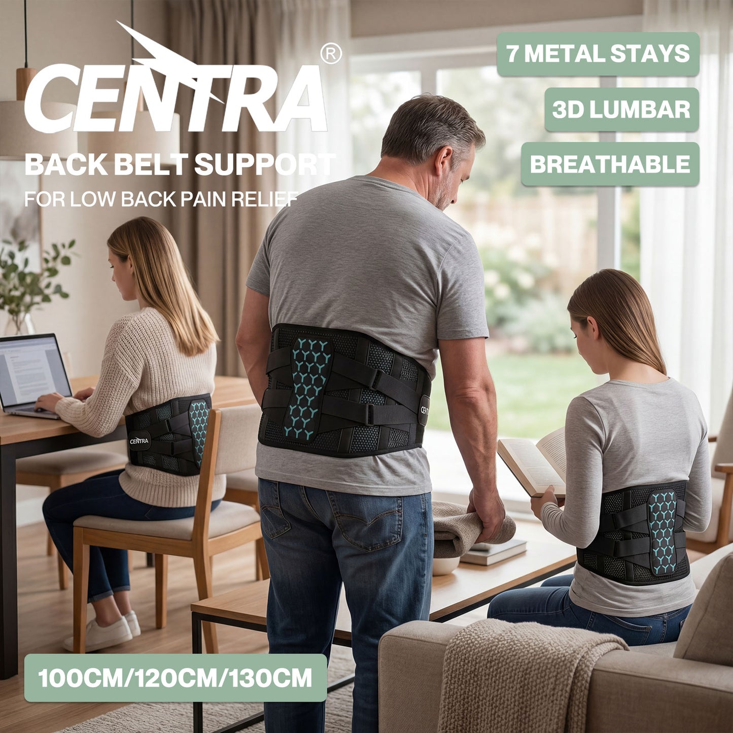 Centra Back Support Belt Lower Back Pain Relief Breathable 3D Lumbar 7 Stays