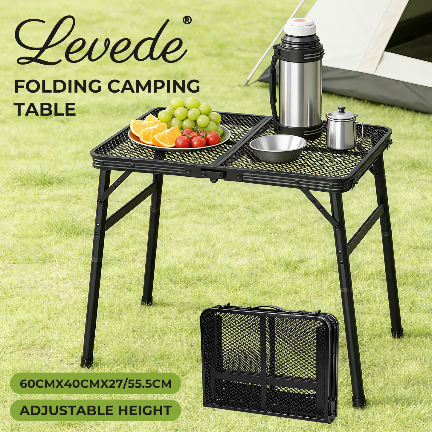 Levede Folding Camping Table Adjustable Height Aluminium Picnic Desk Black 60cm