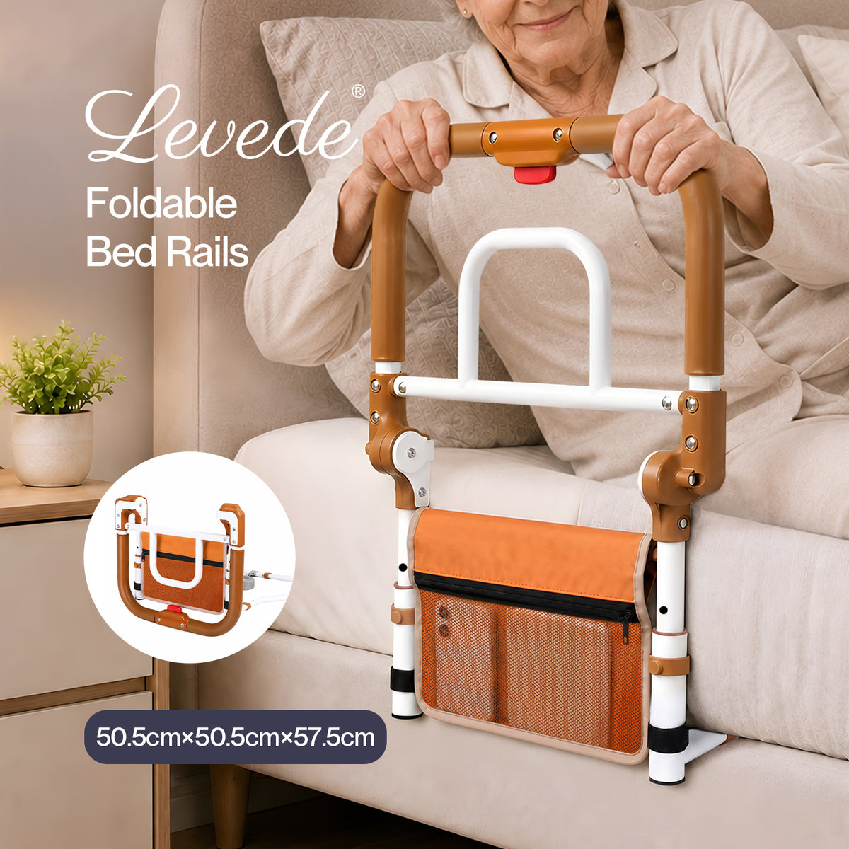 Levede Bed Rail Foldable 2 Handle Adjustable Height Non-Slip Grip Pocket Orange