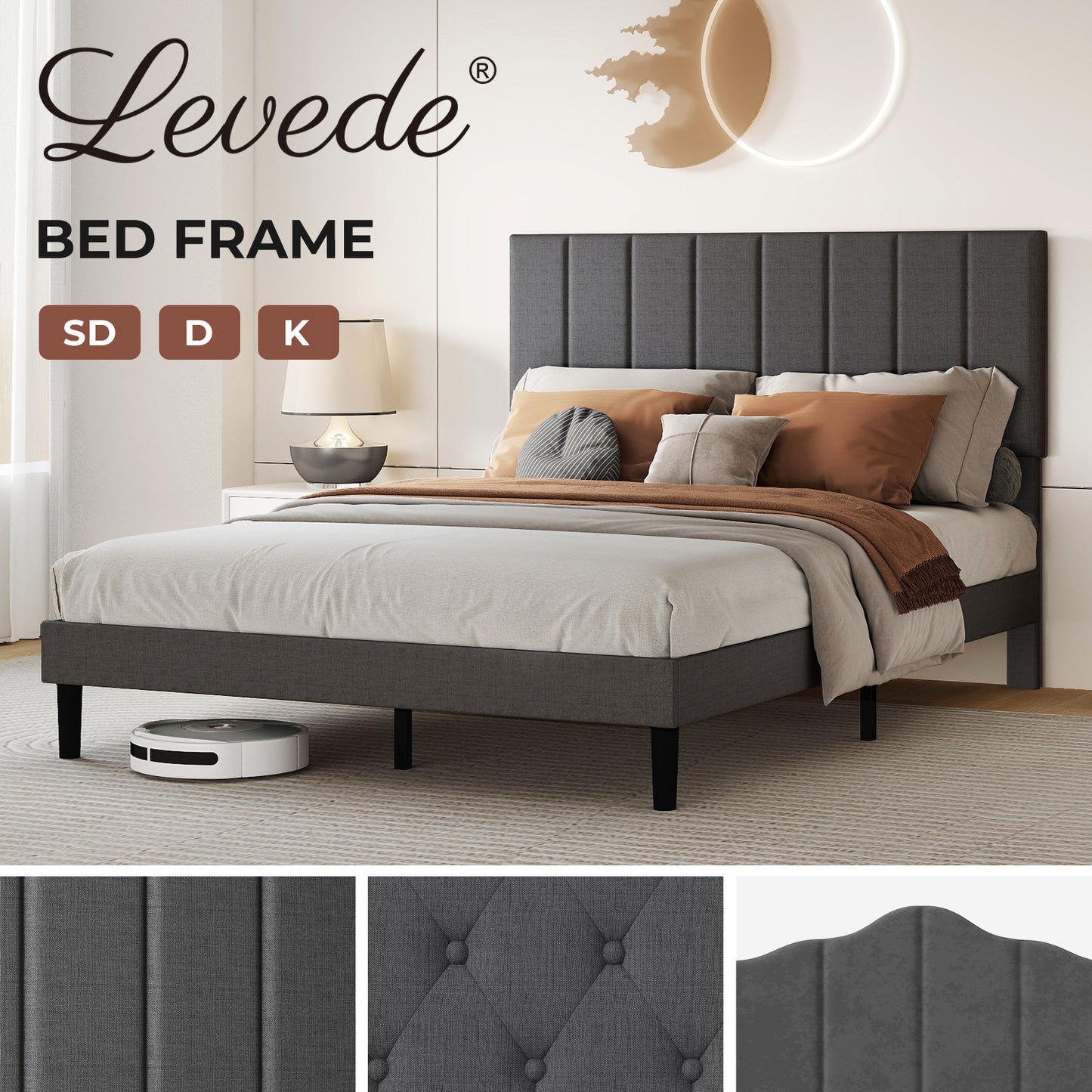 Levede Upholstered Bed Frame Linen Fabric Soft Foam Headboard Small Double King