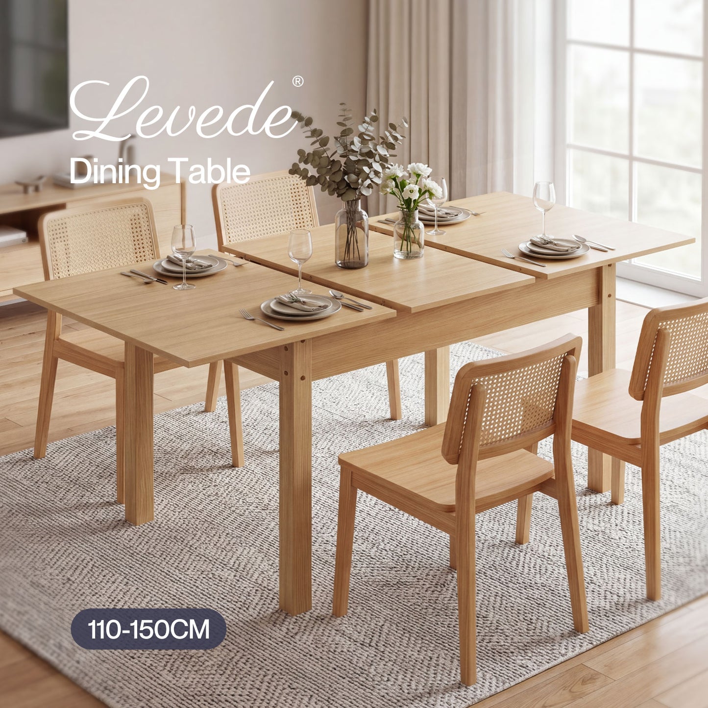 Levede Extendable Dining Table Oak Modern Rectangular Kitchen Table 4-6 Seat