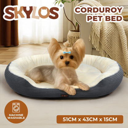 Skylos Dog Bed Luxury Soft Washable Puppy Cat Cushion Mattress Corduroy Grey S