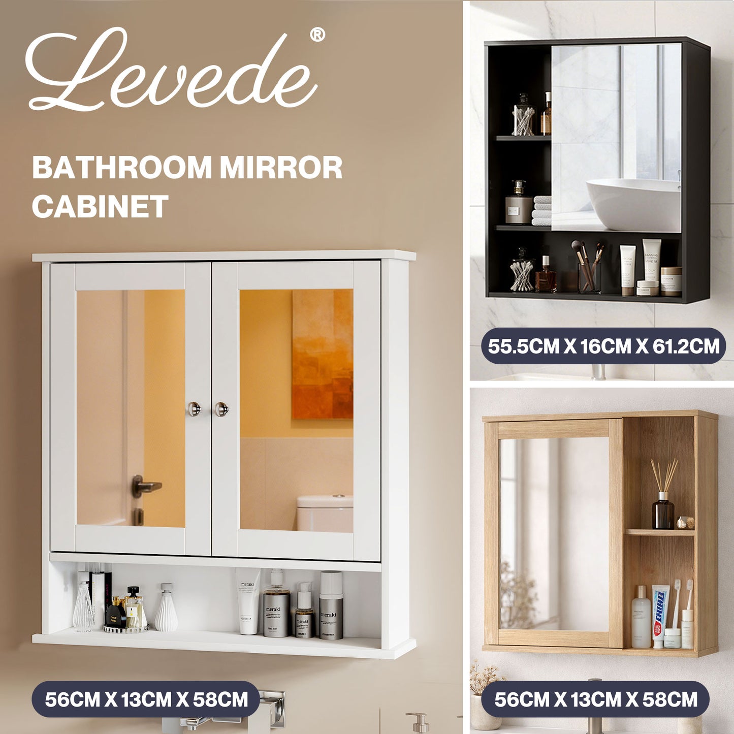 Levede Bathroom Mirror Cabinet Wall Mounted Storage Cupboard with Open Shelf