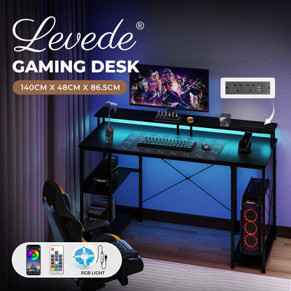 Levede Gaming Computer Desk Office Table with Lights Shelves Power Port 140cm