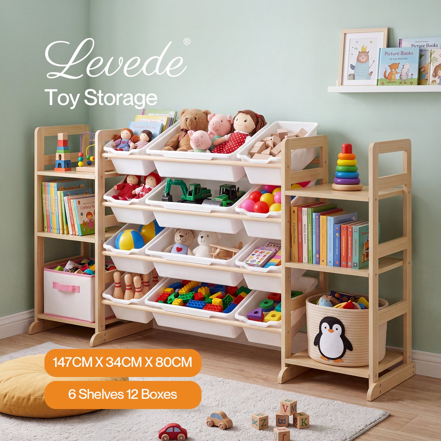 Levede Kids Toy Storage Organiser Wooden Book Shelf 12 Removable Storage Bins