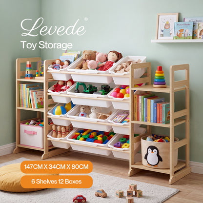 Levede Kids Toy Storage Organiser Wooden Book Shelf 12 Removable Storage Bins