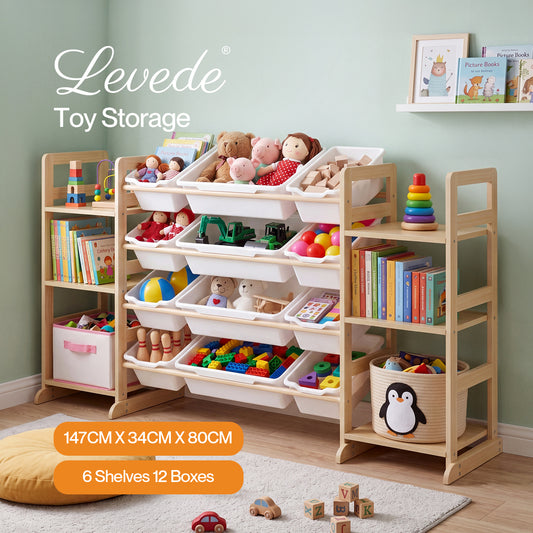 Levede Kids Toy Storage Organiser Wooden Book Shelf 12 Removable Storage Bins