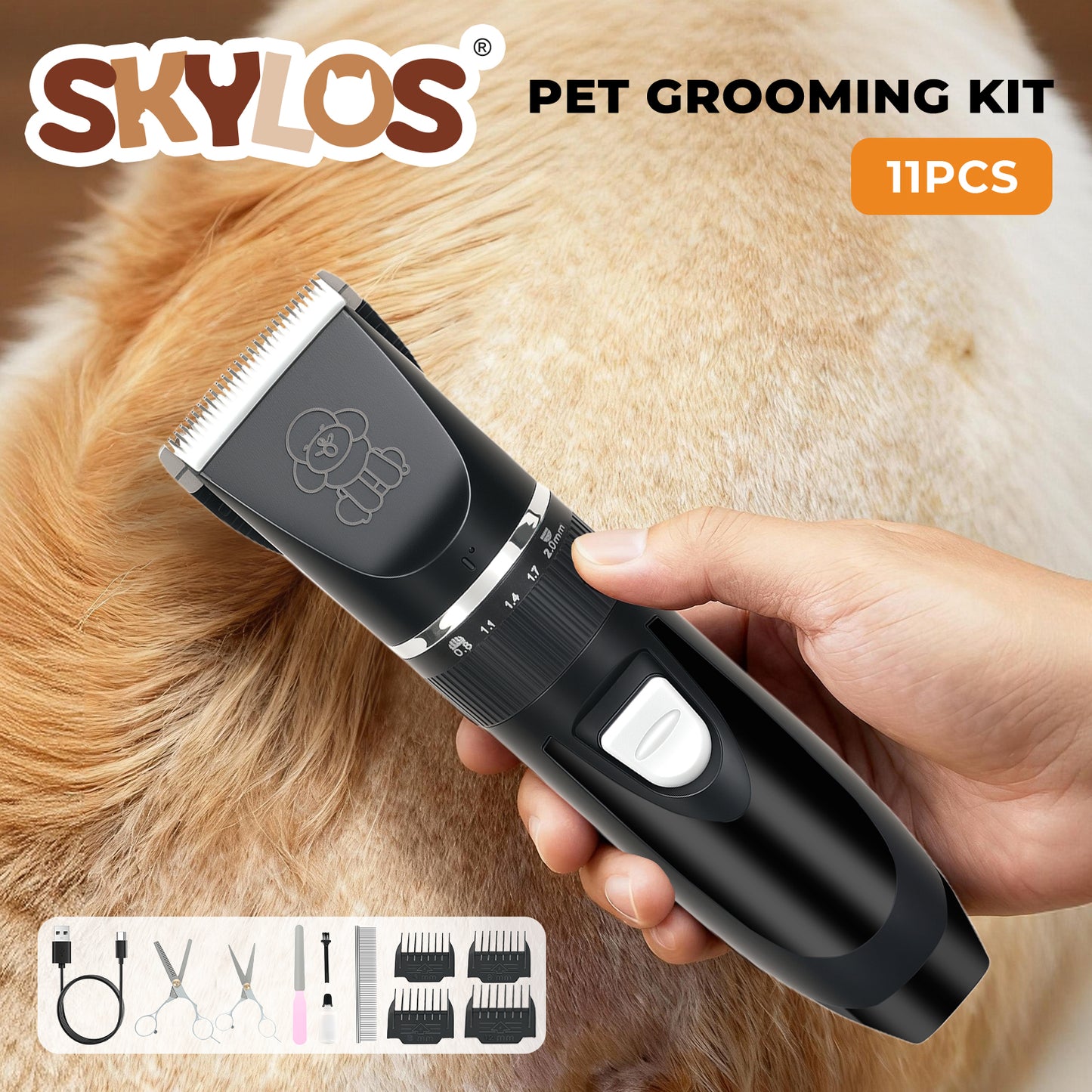 Skylos Pet Clipper Kit Dog Cat Grooming Cordless Low Noise Adjustable Trimmer