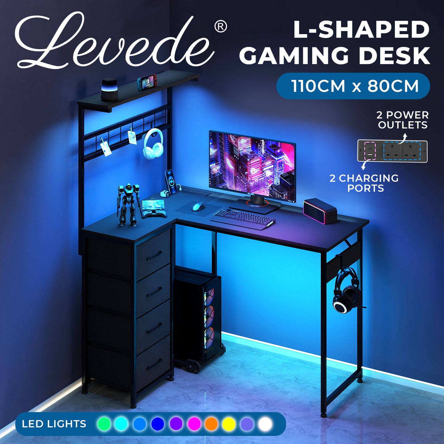 Levede L Shaped Gaming Desk with Led Light Storage Drawers Coner Computer Table