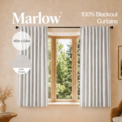 Marlow 100% Blackout Curtains Thermal Linen Look Ready Made 46x54 in Off-White