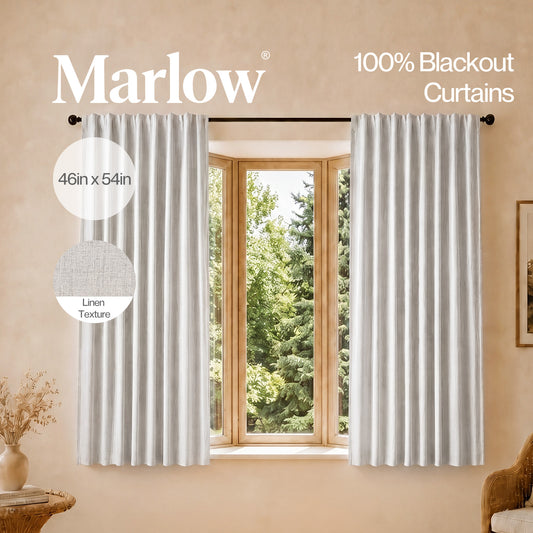 Marlow 100% Blackout Curtains Thermal Linen Look Ready Made 46x54 in Off-White