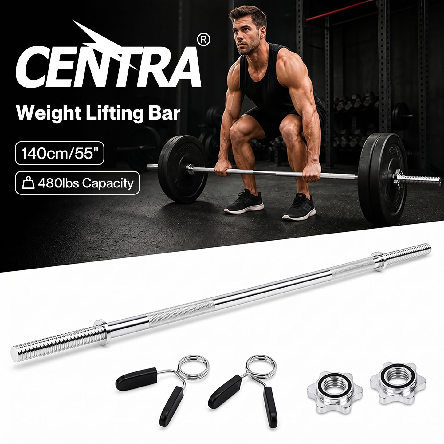 Centra 2'' Olympic Barbell Bar 5ft Weight Lifting Gym Training Bar Spring Clips