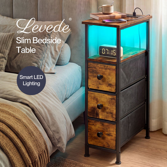 Levede Bedside Table with LED Light Charging 3 Fabric Drawers Storage Brown