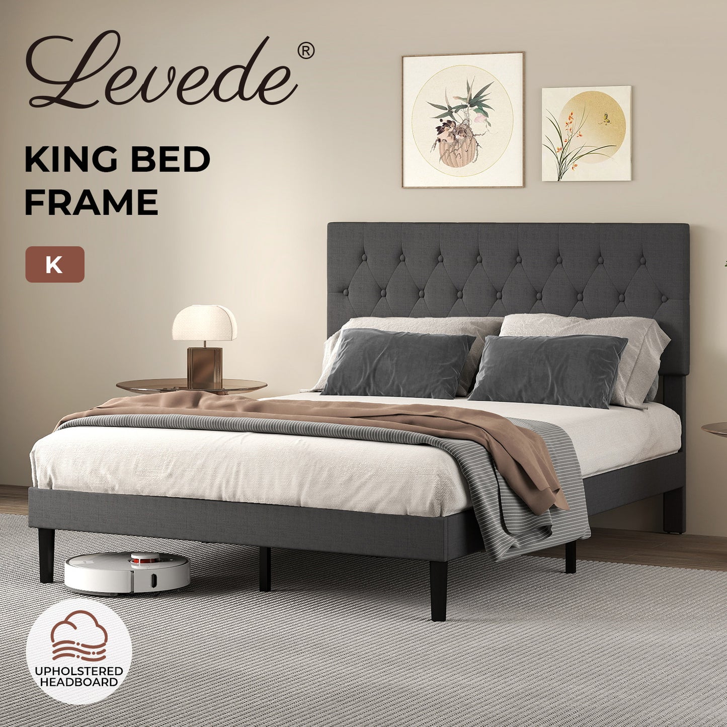 Levede King Bed Frame Upholstered Linen Fabric Soft Foam Headboard Wooden Grey