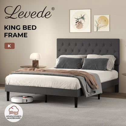 Levede King Bed Frame Upholstered Linen Fabric Soft Foam Headboard Wooden Grey