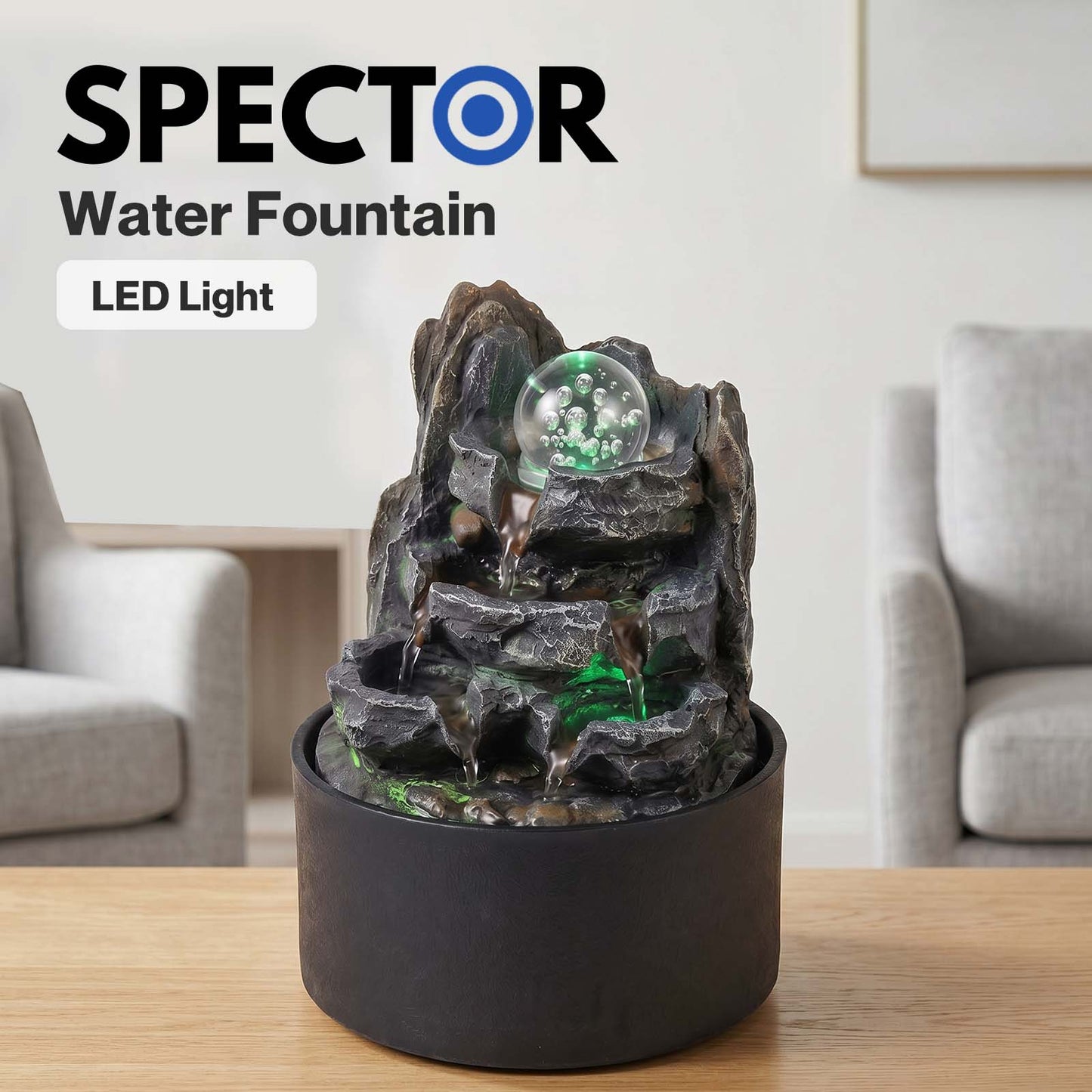 Spector Water Feature Indoor Fountains Rotating Glass Ball LED Light Resin Grey