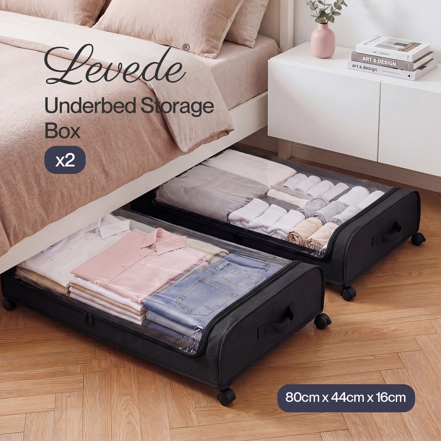 Levede Under Bed Storage Boxes with Lids  46L x2  Rolling  Black  Oxford