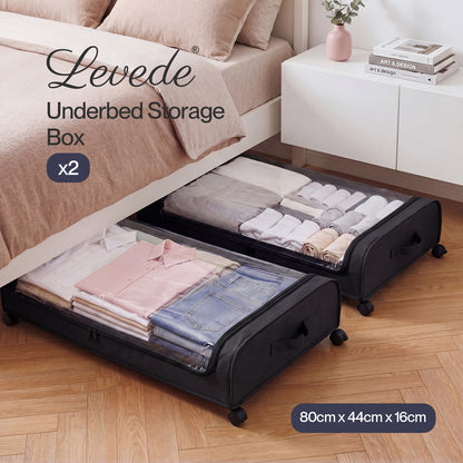 Levede Under Bed Storage Boxes with Lids  46L x2  Rolling  Black  Oxford