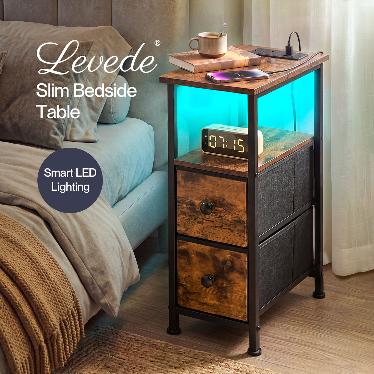 Levede Bedside Table Narrow Side Table with LED Charging Station Storage Brown