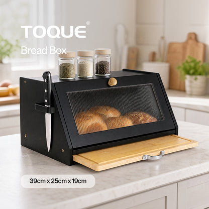 TOQUE Bread Box  Wooden Bread Bin 2-Tier Bamboo Bread Storage Holder Black