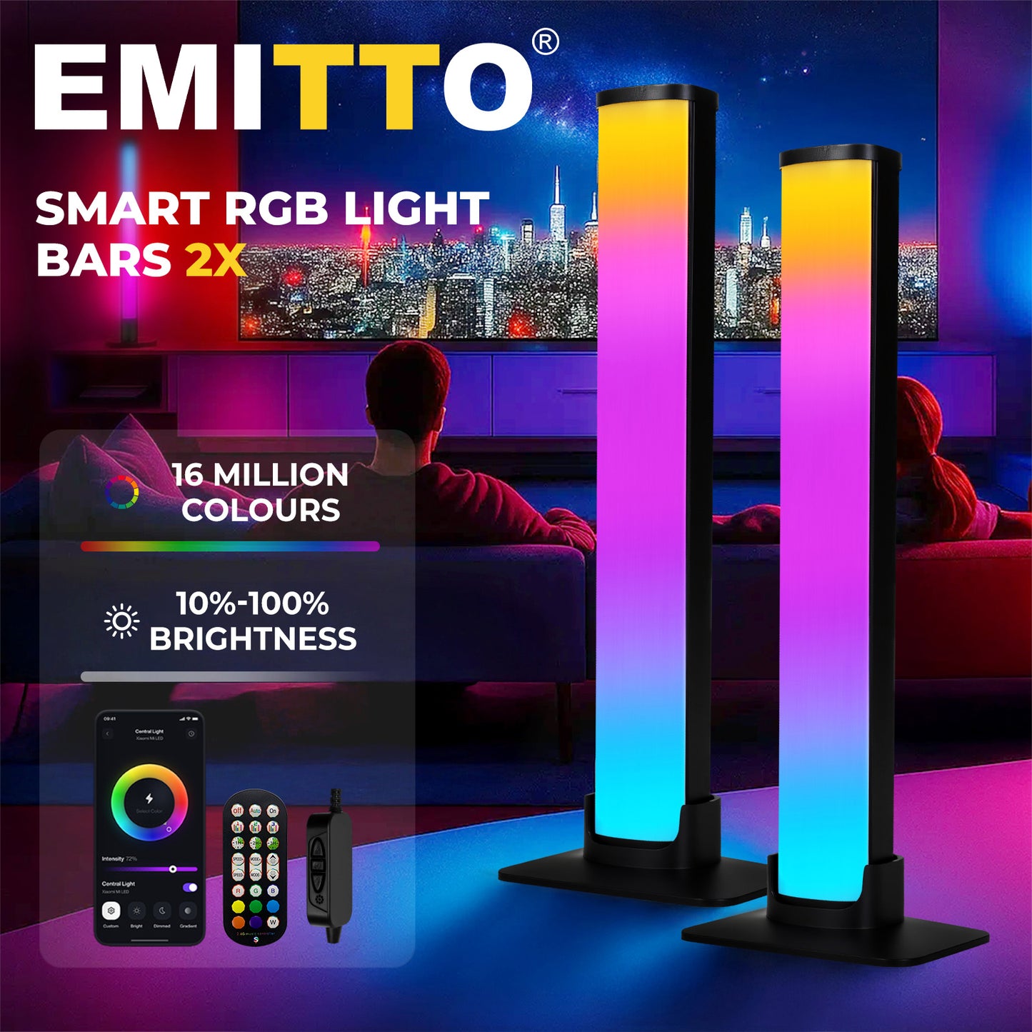Emitto 2x Smart RGB LED Light Bar Ambient Lamp Color Changing Music TV Backlight