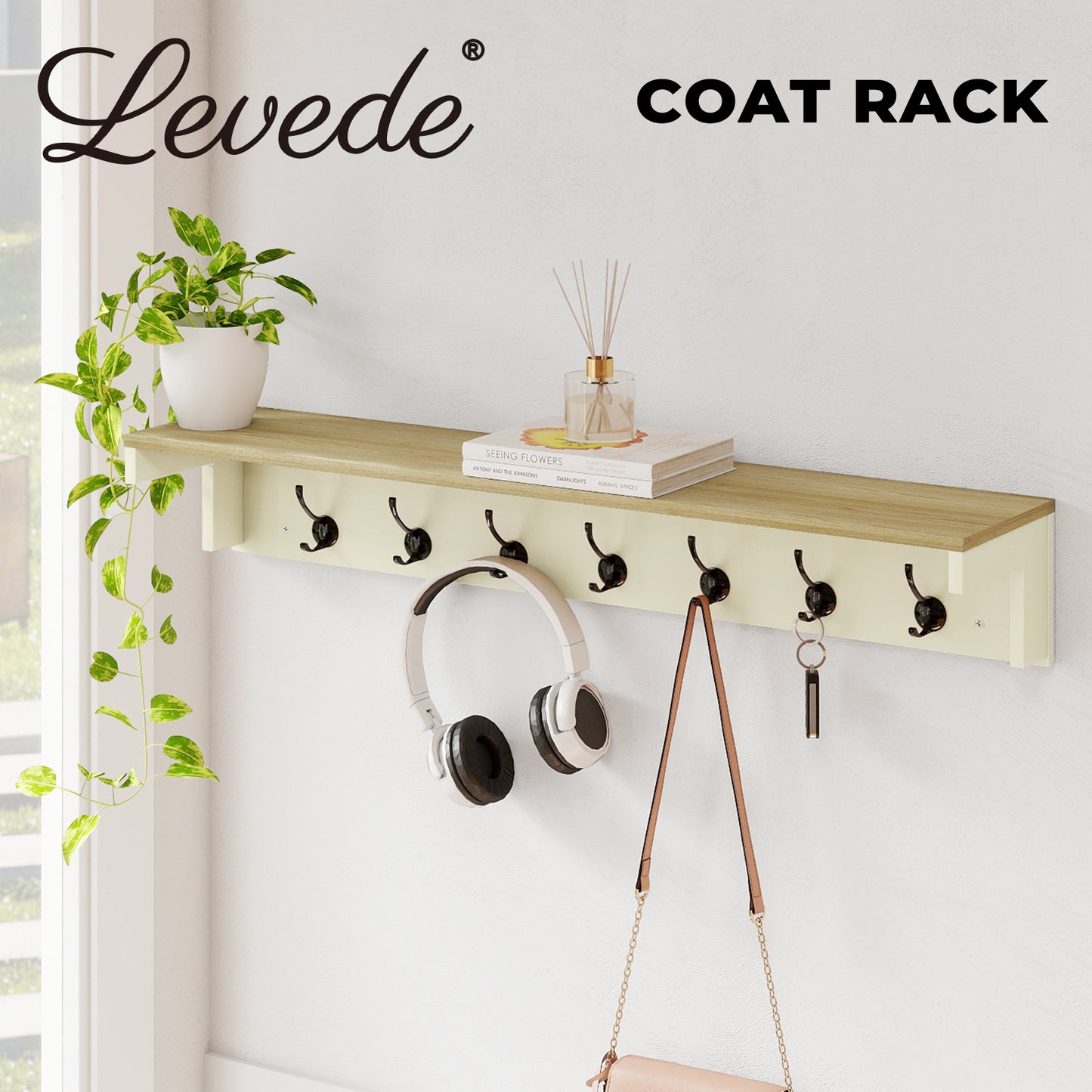 Levede Coat Rack Wall Mounted Shelf 7 Double Hooks Storage Entryway Hallway