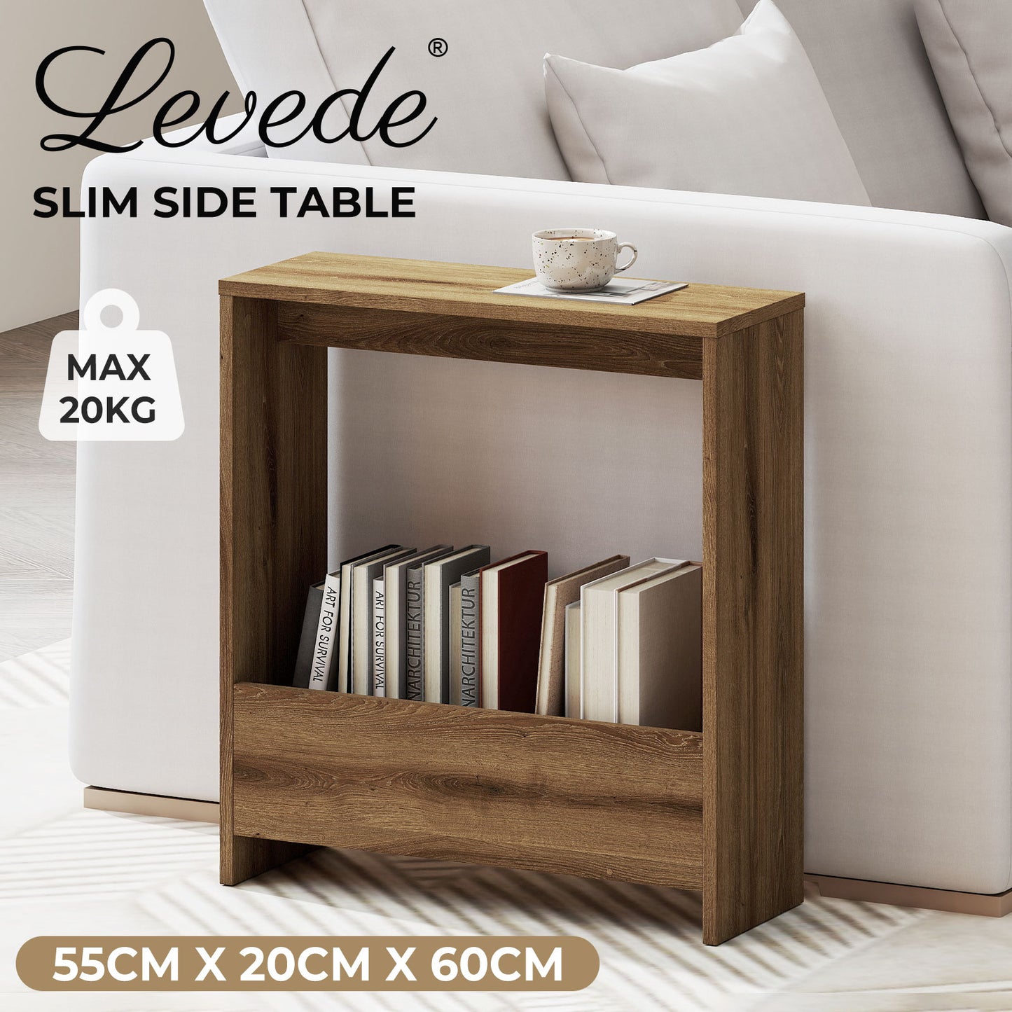 Levede Slim Side Table 2 Tier with Magazine Storage Narrow End Table 55x20x60cm