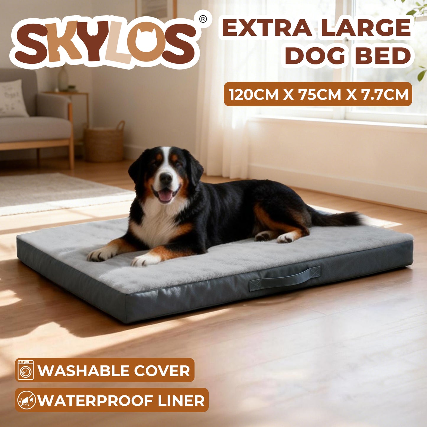 SKYLOS Washable Dog Bed Waterproof Plush Non-Slip Pet Mattress for Large Dogs