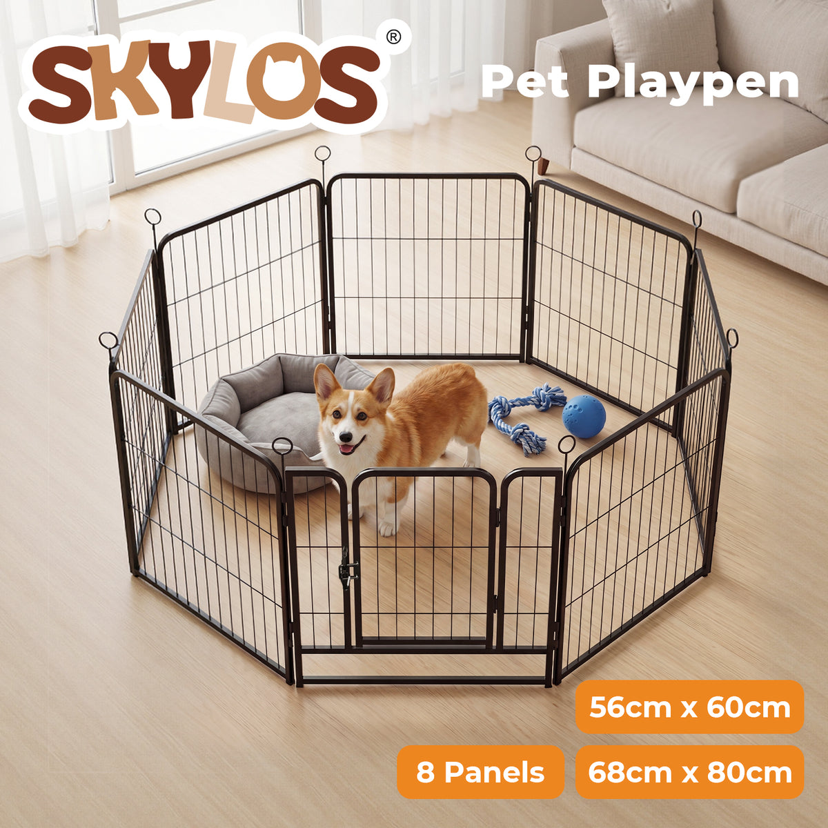 Skylos Dog Pen 8 Panel Steel Playpen Foldable Indoor Outdoor Pet Enclosure
