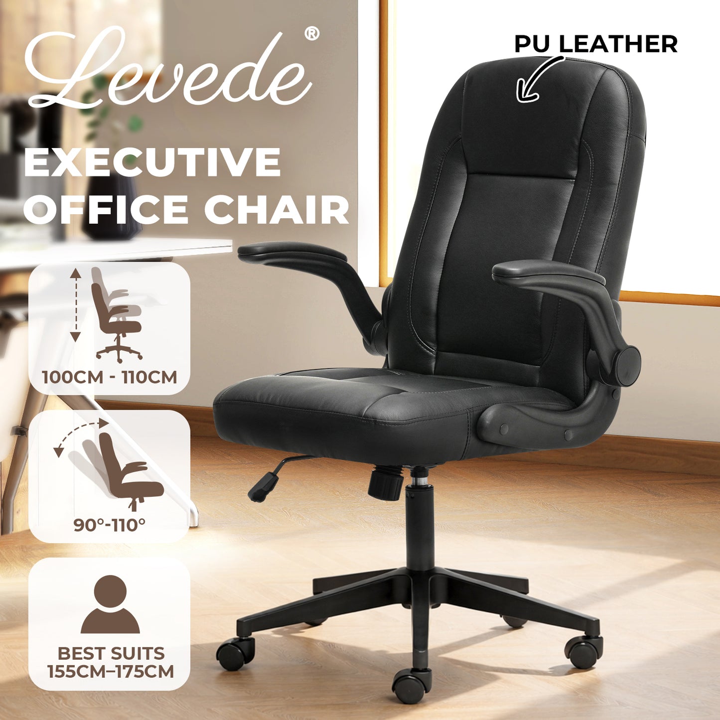 Ergonomic Office Computer Chair PU Leather Swivel Recliner with Flip-Up Armrests