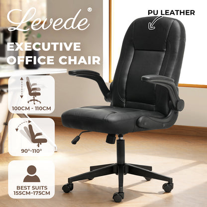 Ergonomic Office Computer Chair PU Leather Swivel Recliner with Flip-Up Armrests