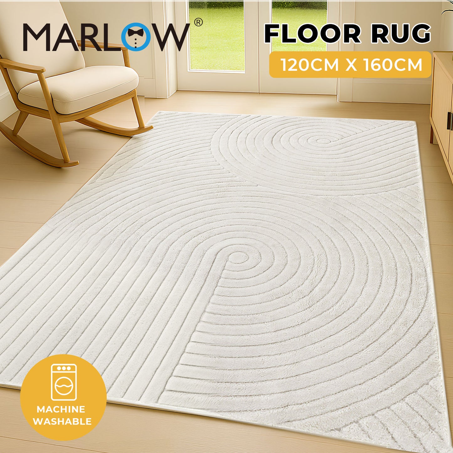 Marlow Washable Area Rug Soft Velvet Floor Mat Non Slip Living Room 120x160cm