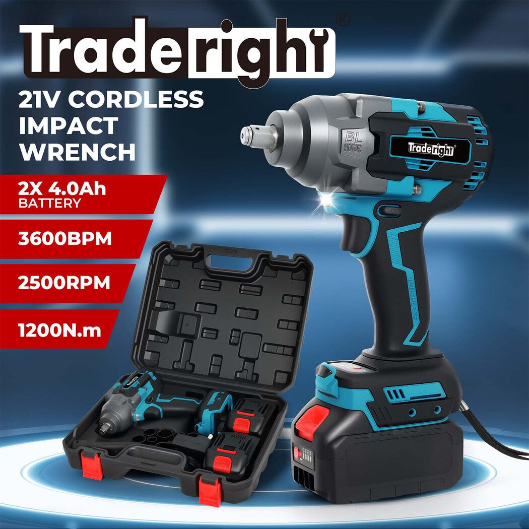 Traderight 21V Brushless Impact Wrench 1/2" Rattle Gun 2×4.0Ah 1200Nm Kit Set