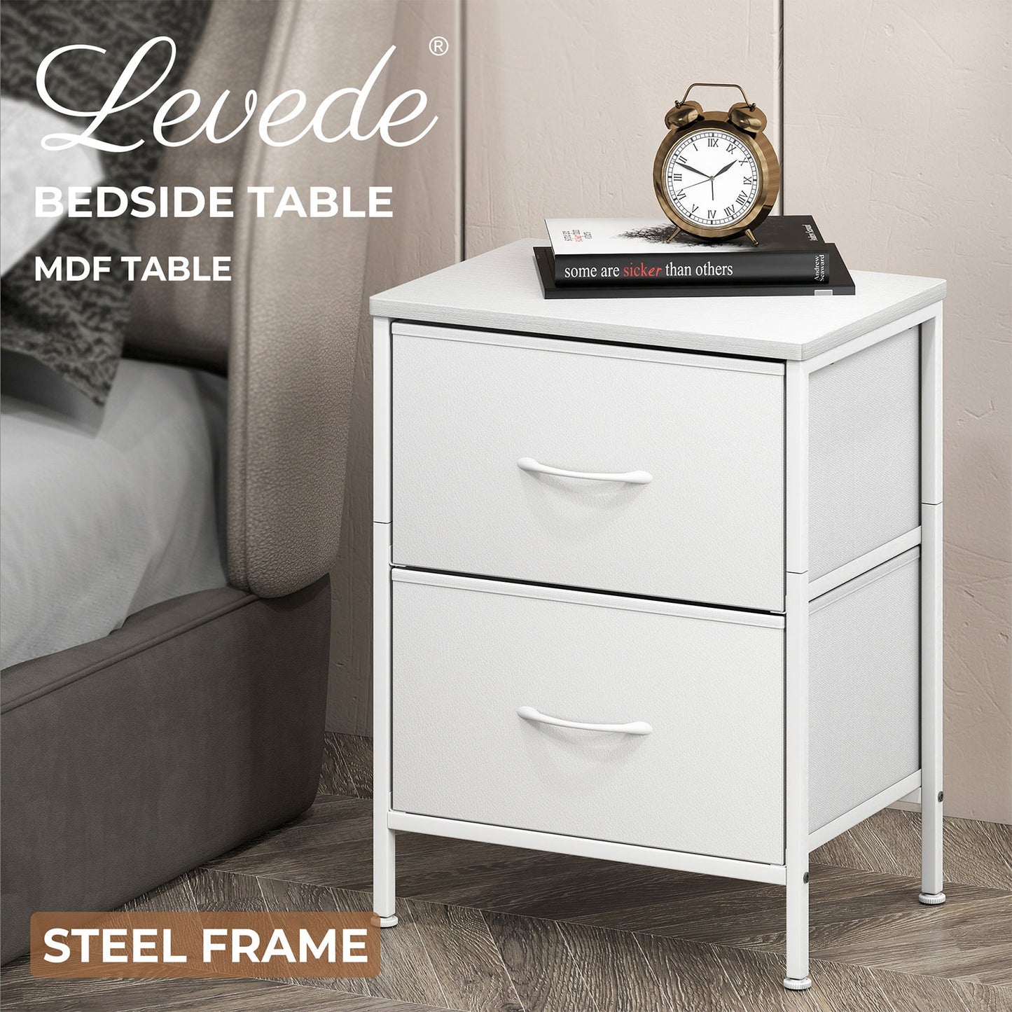 Levede Bedside Table 2 Fabric Drawer Nightstand Shelf Storage Furniture Cabinet
