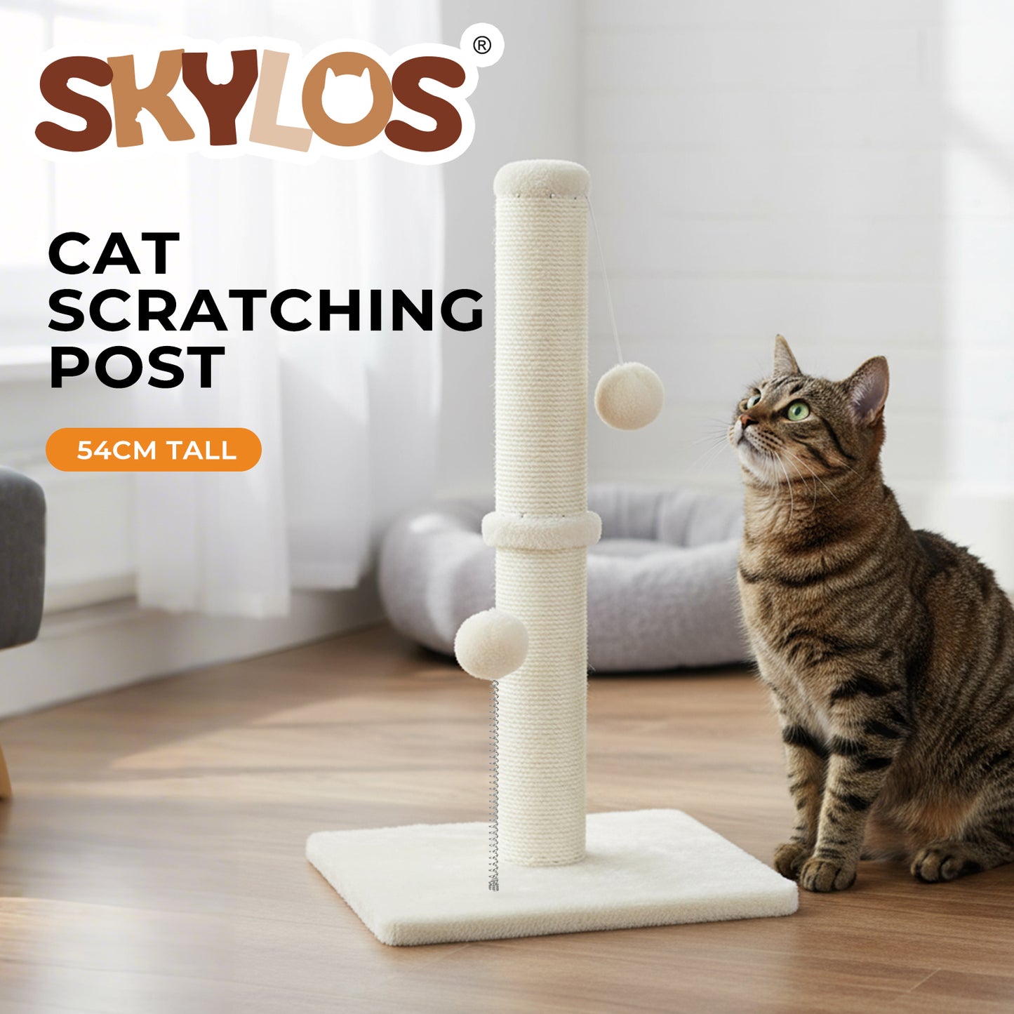 Skylos Cat Scratching Post 54cm Strong Natural Sisal Heavy Duty Scratcher Ball